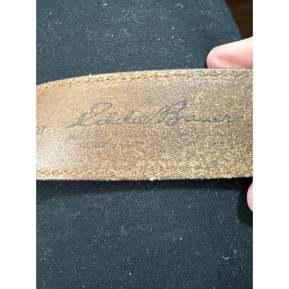Eddie Bauer Brown Leather Belt Made in USA Rugged Silver Buckle 26-34 Inch